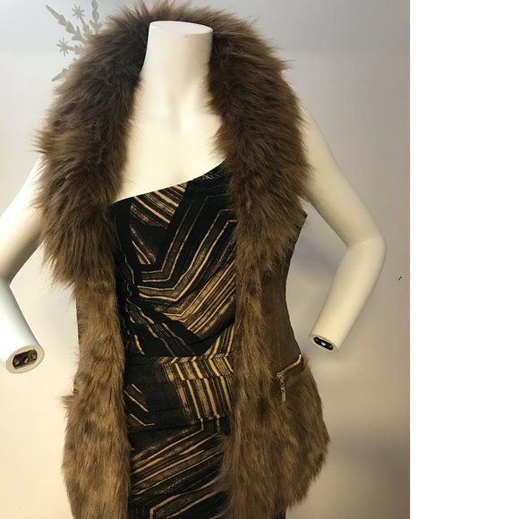 STA Coalition faux fur vegan leather brown vest sleeveless jacket gold zipper - Picture 1 of 5